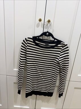 Theory Black and White Striped Long-Sleeve Knit Top